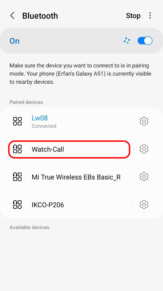 اتصال به نام بلوتوث Watch Call جهت فعال سازی قابلیت مکالمه